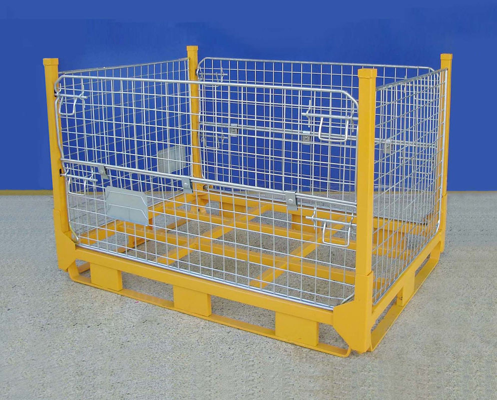 Mobile Yellow Wire Mesh Pallet Cages Folds Flat Space Saving Supermarket Use